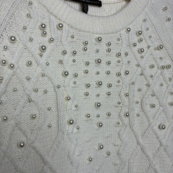 White House Black Market Cream Cable Knit Pearl Embellished Sweater XS - Picture 4 of 10